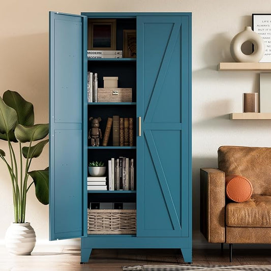 COFaR Home Farmhouse Storage Cabinet with Barn Door, Tall Kitchen Pantry Cupboard with Adjustable Shelves, for Dining Room, Bathroom, Living Room Blue.