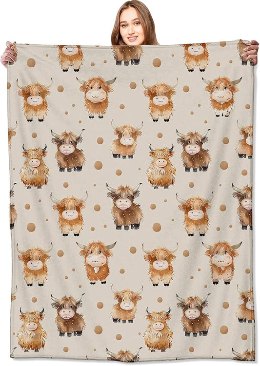 Cute Highland Cow Blanket,Adorable Cartoon Farm Animal Throw Blankets,Gifts for Kids,Lightweight Soft Fleece,for Picnic Sofa Couch Bed Room Travel,Birthday Rustic Farmhouse Decor,60x80in