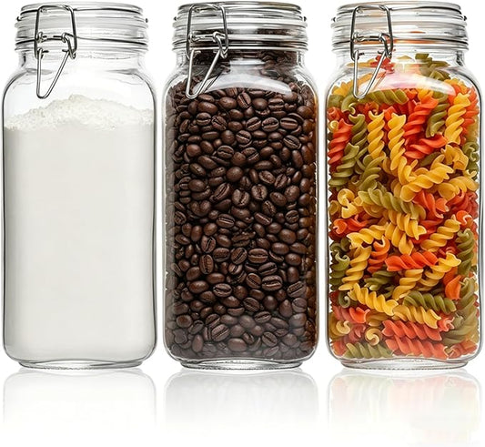 ComSaf 3-Pack 78oz Large Square Airtight Glass Jars for Bulk Food, Holds a 4lb Bag of Sugar or 5lb of Rice, Wide Mouth Canister for Flour, Coffee & Pantry Organization