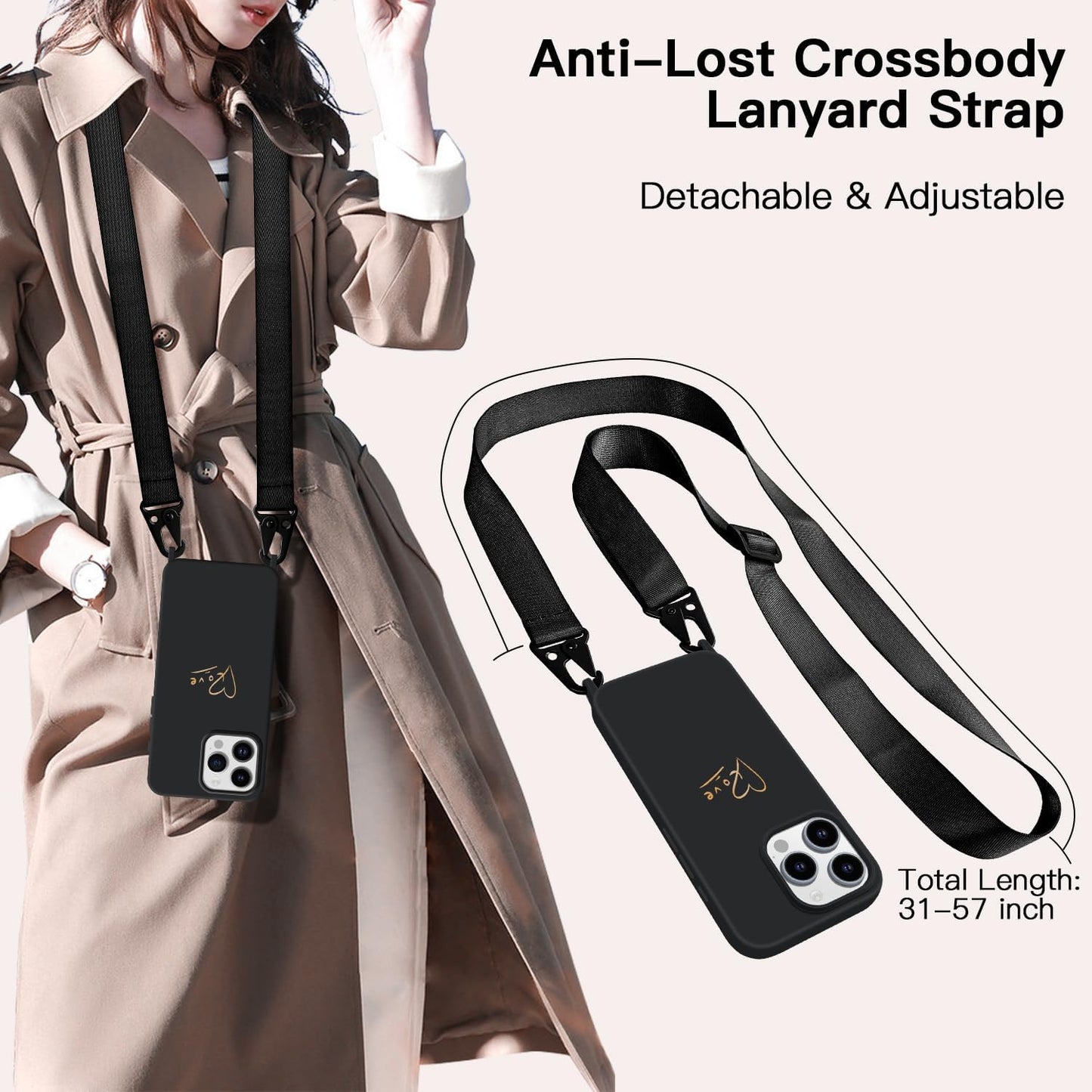 Crossbody Case for iPhone 16 Pro with Strap, [Compatible with MagSafe], Cute Love Heart Silicone Phone Case with Neck Lanyard for Girls Women
