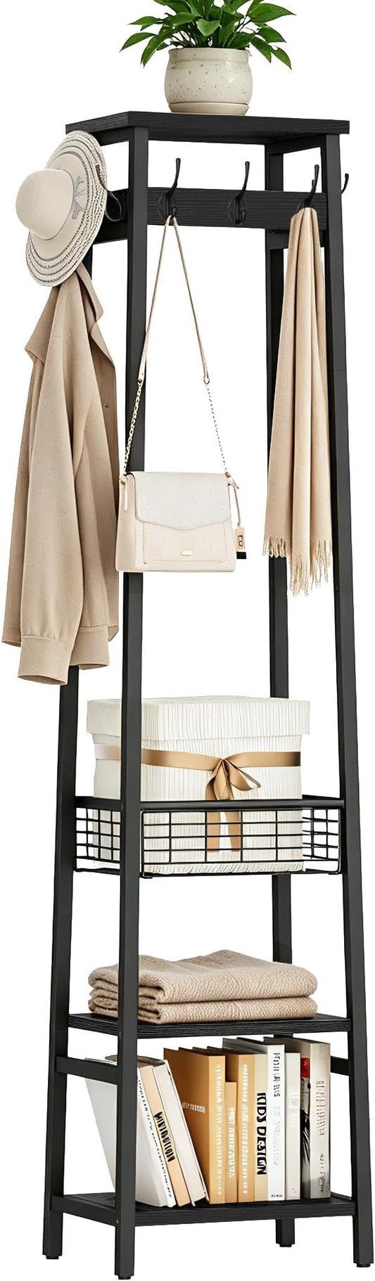 Coat Rack Freestanding, Coat Stand with Metal Basket and Storage Shelves, Hall Tree Free Standing with and 7 Hooks, Clothes Rack Stand Organizer, Black
