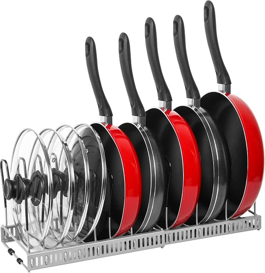 ROOHUA Pot Rack Organizer -Expandable Pot and Pan Organizer for Cabinet,Pot Lid Organizer Holder with 10 Adjustable Compartment for Kitchen Cabinet Cookware Baking Frying Rack Grey