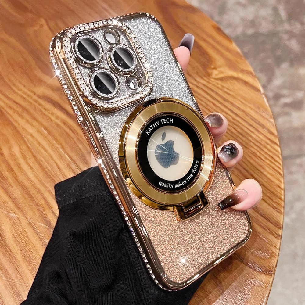 Magnetic Kickstand (Glitter Lens Protector ) Case for iPhone 15 14 13 12 Pro Max (Compatible with Magsafe ) Sparkling Diamond Cover Glitter Shiny Rhinestone Cases (Gold,for iPhone 12)
