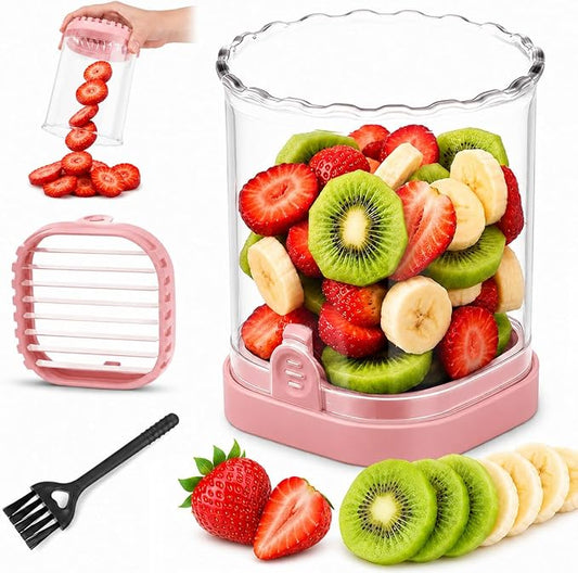 CUNSENR Strawberry Slicer, Fruit Slicer Cup with Stainless Steel Blades, Detachable Strawberry Cutter & Fruit Cutter for Strawberries, Banana, Egg, Cucumber, Mushroom, Quick Meal Prep - Pink
