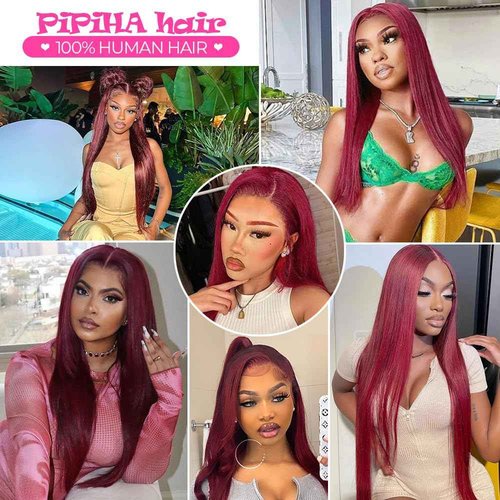 PiPiHA Burgundy Lace Front Wigs - 26 Inch Straight, Pre Plucked, 13x4 HD Glueless, 180% Density (26 Inch, 99j)