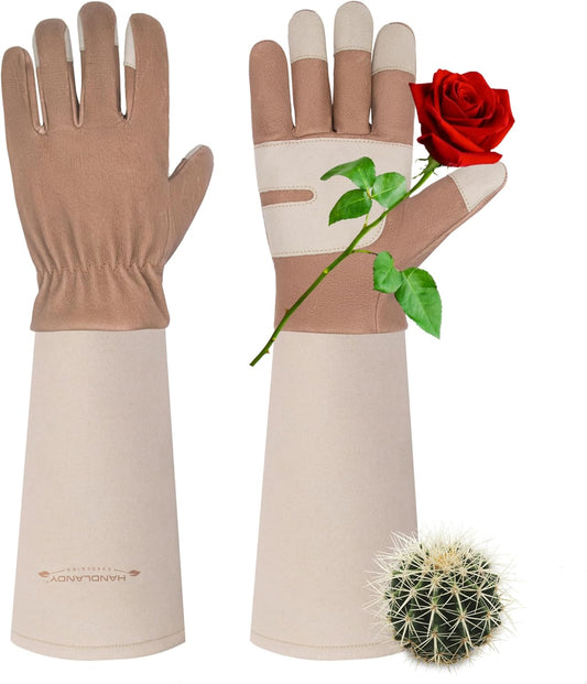 HANDLANDY Long Gardening Gloves for Men & Women, Thorn Proof Rose Pruning Gloves Leather Gauntlets Garden Glove Yard Work Glove (Medium, Brown)