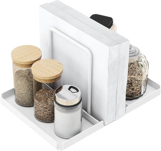 Napkin Holder for Table, Metal Napkin Holder with Salt and Pepper Shakers Caddy, Standing Paper Napkin Storage for Kitchen Dining Table Decor, White