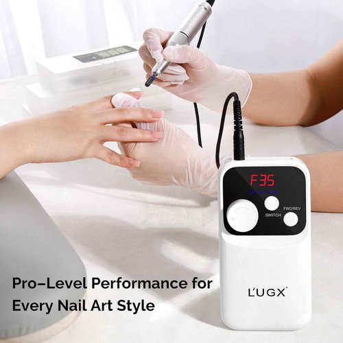 L'UGX Nail Drill Machine 35000RPM – Rechargeable Electric Nail File with LED Display, Portable Efile Nail Drills for Acrylic Gel Nails, Cordless Nails Drill for Beginners & Pros-White