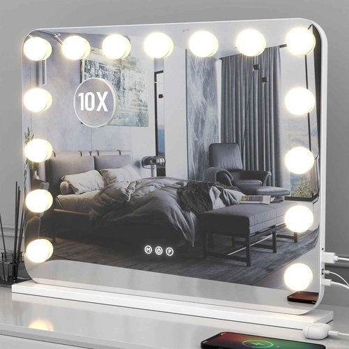 AJJSSA Vanity Mirror with Lights, 23"×18" Hollywood Vanity Mirror with Lights 15 Dimmable LED Bulbs, 3 Color Modes, 10X Magnification, USB Charging Port, Tabletop or Wall-Mounted (White, 23 * 18)