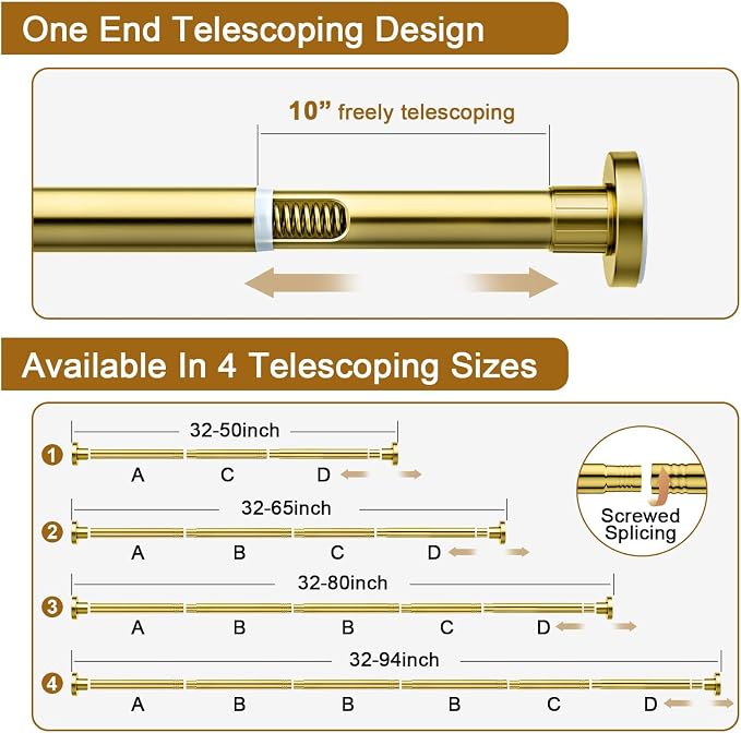 Ausemku Shower Curtain Rod 32-65 Inch Adjustable - 1 Inch Diameter Heavy Duty No drill Spring Tension Shower Rod, Non-Slip Rustproof Telescopic Rod for Bathroom, Gold