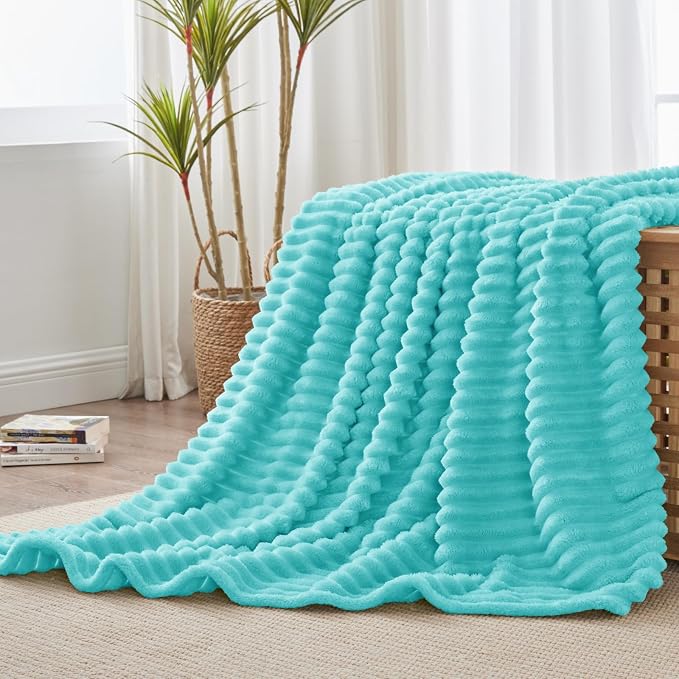 BEDELITE Twin Blanket for Couch & Bed, 300GSM Soft & Warm Fleece Blanket, Decorative and Giftable Striped Aqua Blankets for Women, Men, 60"x80"