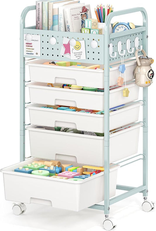 5 Drawer Rolling Storage Cart with Pegboard Top and Hooks, Mobile Utility Organizer with Wheels for Office Supplies, Craft Storage, Classroom Organization, Home Storage Cart, Green