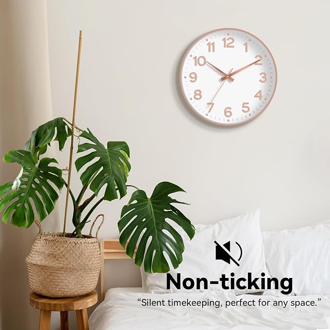 Roymnie Wall Clock 10 Inch Silent Wall Clocks Battery Operated-Modern Non Ticking Analog Clock Decorative for Kitchen Bedroom Office Bathroom(White Rose Gold)