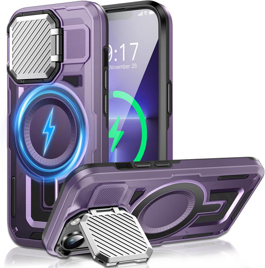 Camera Stand Case for iPhone 13 Pro, [Compatible with Mag Safe] [Lens Cover] 2024 Version Military Grade Protective Soft Case for iPhone 13 Pro 6.1 inch Men Women, Purple