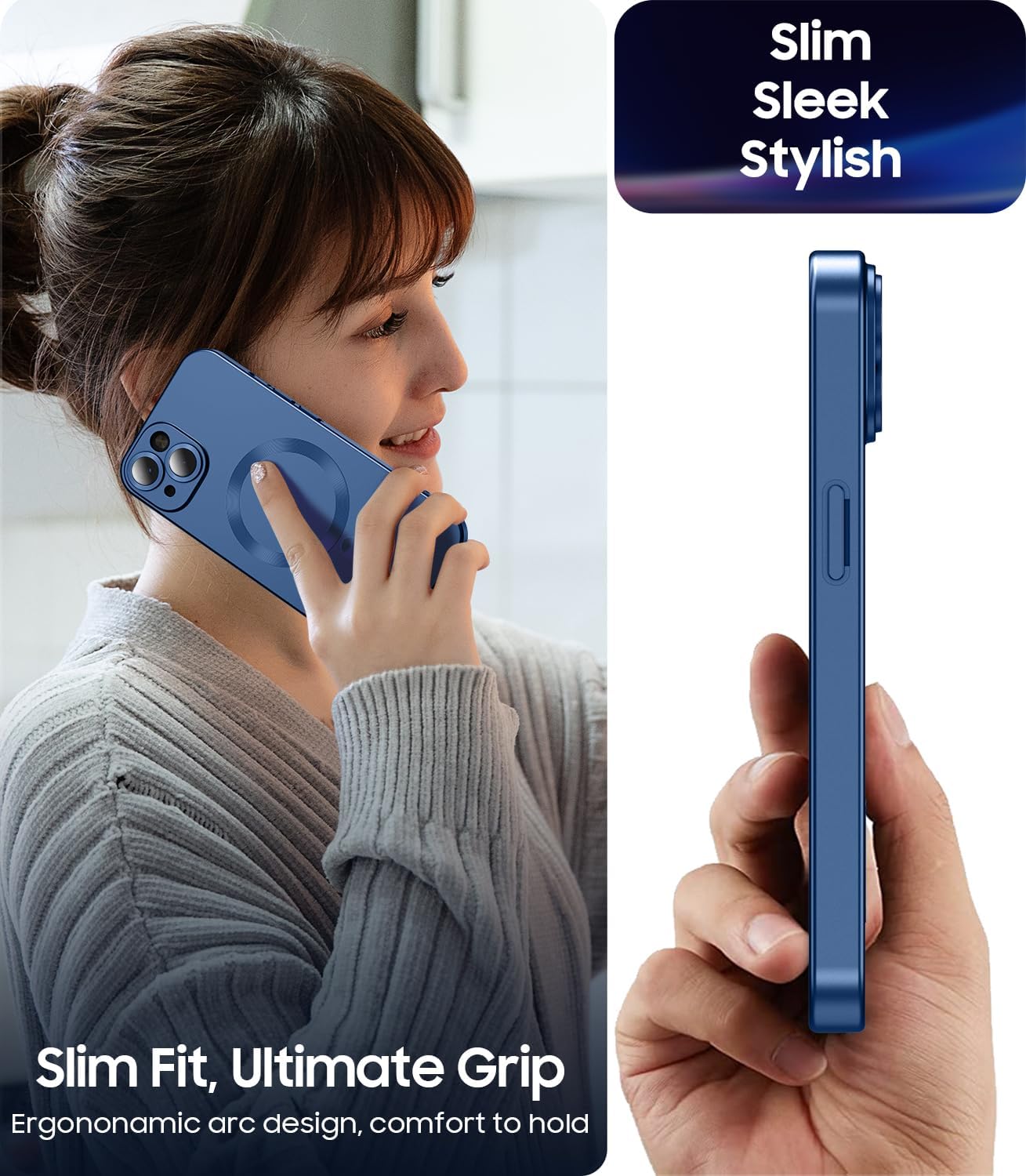 Magnetic for iPhone 14 Case [Compatible with MagSafe][Built-in Camera Lens Protector] Slim Soft Silicone Bumper Shockproof Metallic Luster Phone Case (Blue)