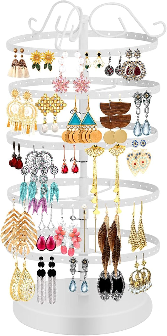 5 Tier 360 Rotating Earring Holder Organizer Stand, Jewelry Tree Rack, 220 Holes Display Storage for Stud Hoop Earrings, Vintage Metal Design, Space Saving Table Decor