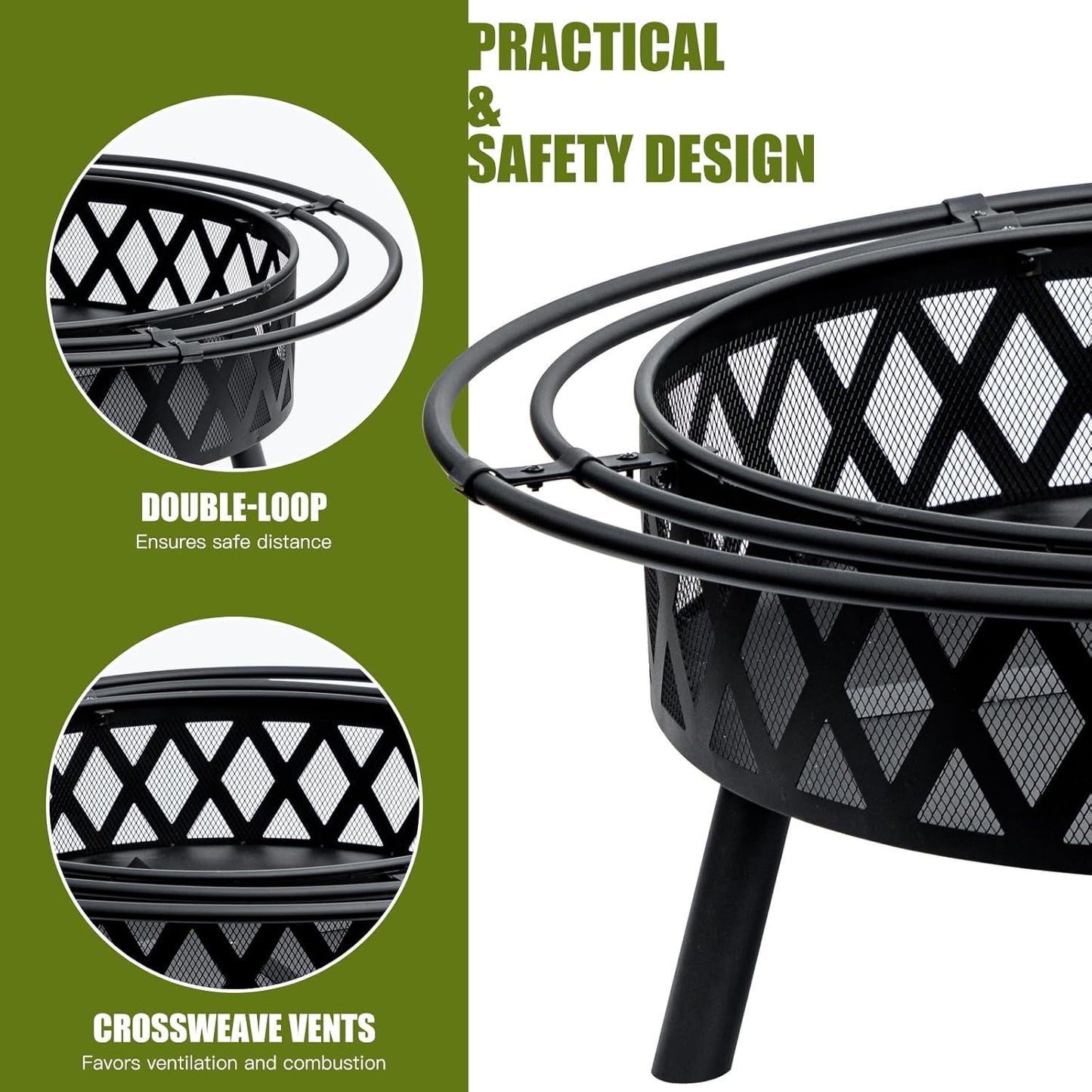 42 Inch Wood Burning Fire Pit with 2 Loops, Outdoor Fire Pit with Spark Screen & Fire Poker, Cross Weave Firepit for Outside Fireplace Bonfire for Yard,Patio, Garden