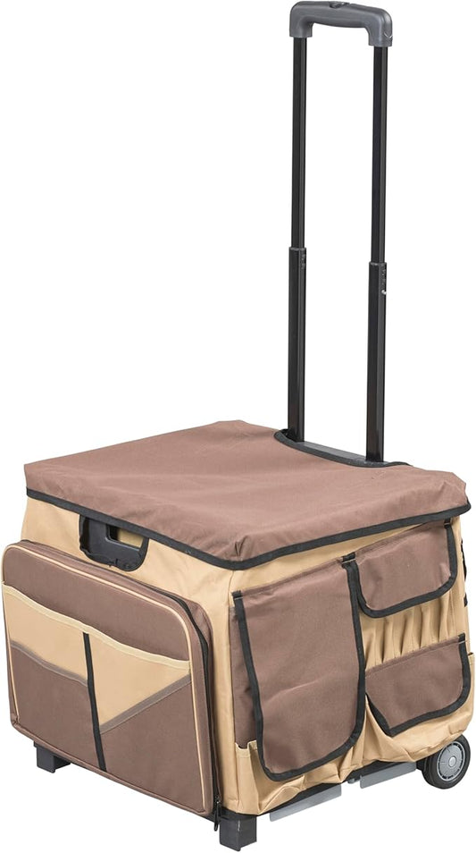 Mobile Folding Utility Cart with Canvas Storage Organizer Bag, Rolling Cart, Chocolate/Sand