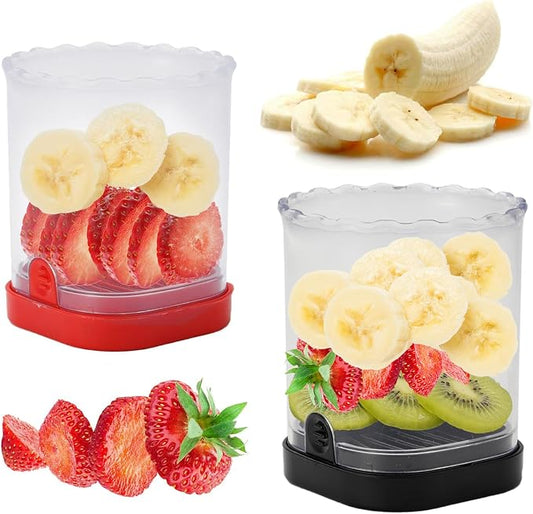 2 Pcs Fruit Slicer Cup, Strawberry Cutter Slicer Cup, Banana Egg Slicers Detachable Fruit with Push Plate, Strawberry Cutter Kitchen Gadget (Black & Red)