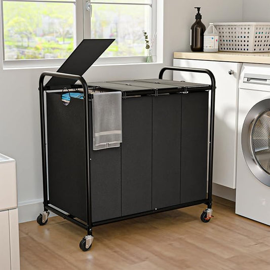 Laundry Sorter 4 Sections 48 Gal, Rolling Laundry Basket with Lockable Wheels and Lid, Laundry Hamper with 4 Separated Removable Bags Dirty Clothes Hamper for Laundry Room Organizer, Black
