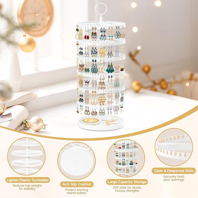 MODOWEY 6 Tier Rotating Earring Holder Organizer Display Tree with Metal Tray, Adjustable Plastic Stand with 342 Slots for Stud Hoop Hanger, Large Capacity Storage Rack for Women Space-Saving, White
