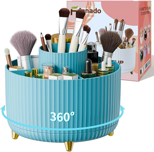 fanado 360° Rotate Makeup Brush Holder Organizer, Makeup Organizers Countertop, Makeup organization and Skincare Storage with Gift Box Packing for Vanity, Desktop, Bathroom (Blue)