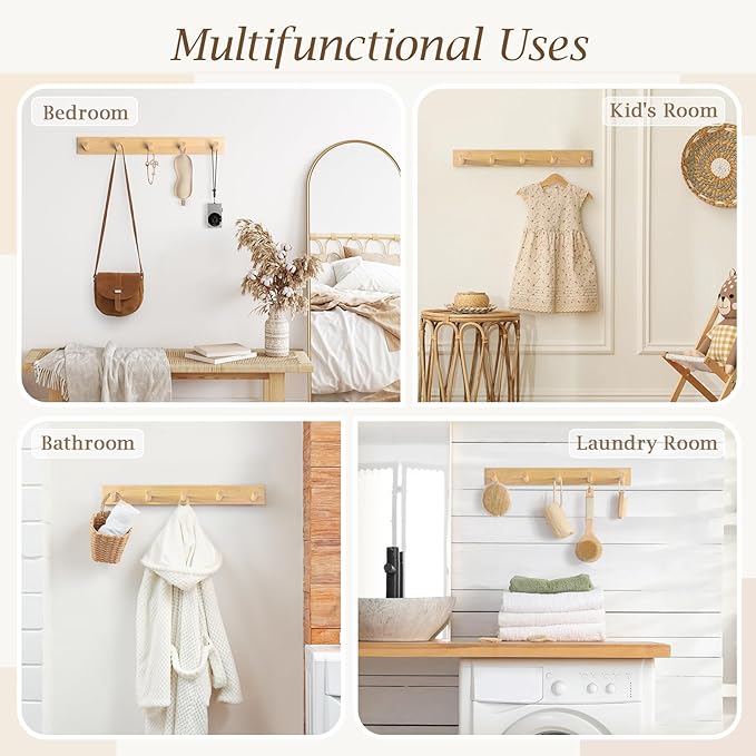 Coat Rack Wall Mount, Wooden Coat Hanger with 5 Hooks, Heavy Duty, Natural, 1 Pcs