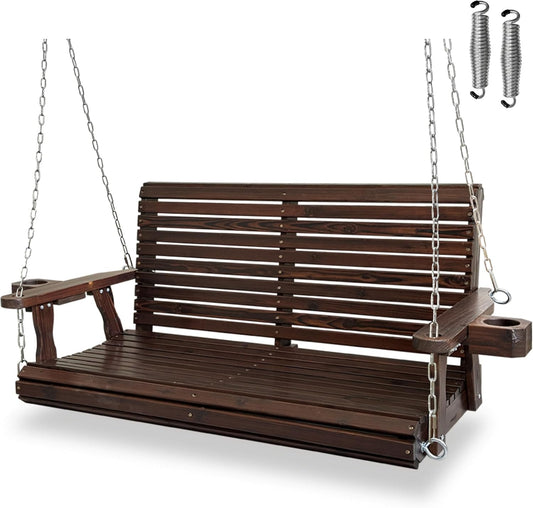 Wooden Porch Swing 2-Seater, High Backrest and Deep Seat, Bench Swing with Cupholders, Hanging Chains and 7mm Springs, Heavy Duty 880 LBS, for Outdoor Patio Garden (Deep Brown, 4.5 feet Extra-Large)
