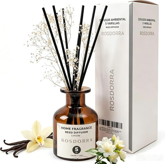 Reed Diffuser Set, Vanilla Cream Scent, 5 oz | Home Fragrance, 5 Sticks Included, Cozy sweet bean scent, 90 days fiber diffusion
