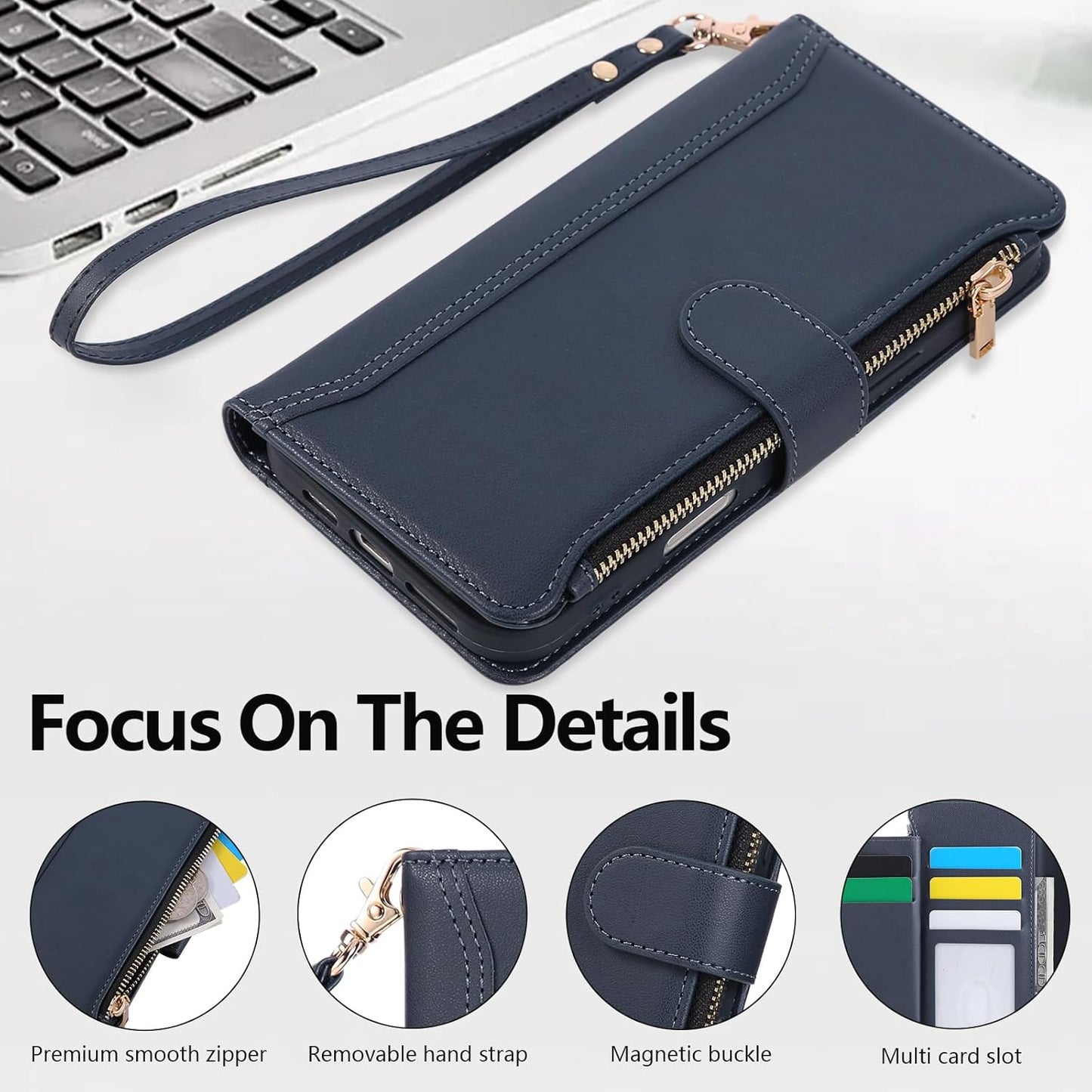 Compatible with iPhone 16 Pro Wallet Phone Case-PU Leather Magnetic Flip Cover with Credit Card Slots,Zipper Pocket & Detachable Wrist Strap,Shockproof Design,for Women and Men-Navy Blue