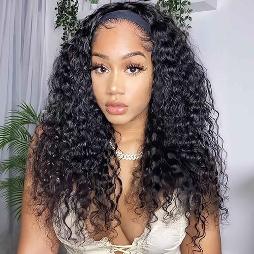 Maytune Deep Wave Headband Wig Human Hair for Black Women None Lace Front Wigs Curly Human Hair Headband Wig Glueless Wear and Go Water Wave Headband Wigs 22 Inch