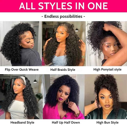 Kinky Curly Half Wig Human Hair 200% Density 3 In 1 Seamless Clip Ins Flip Over Half Wig Wear and Go Glueless Wigs Human Hair for Women Drawstring Headband Wig Beginner Friendly (Black, 20 Inch)