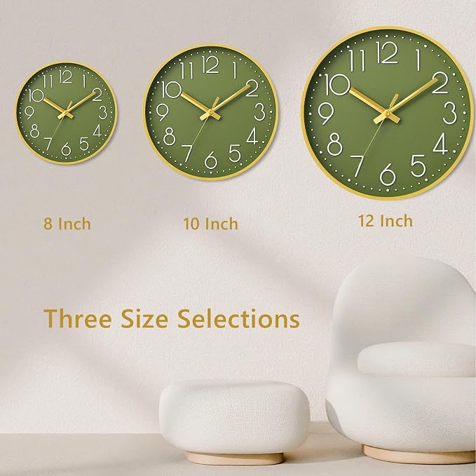 DAXSMY Wall Clock - 10 Inch Silent Non-Ticking Modern 3D Wall Clocks Battery Operated - Decorative Clock for Kitchen, Home Office, Bathroom, Bedroom(Green)