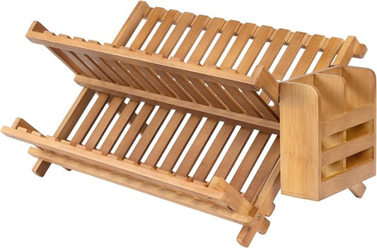 happimess DSH2000B Arlen Farmhouse Bamboo Foldable 2-Tier Dish Drying Rack with Detachable Utensil Holder, Brown