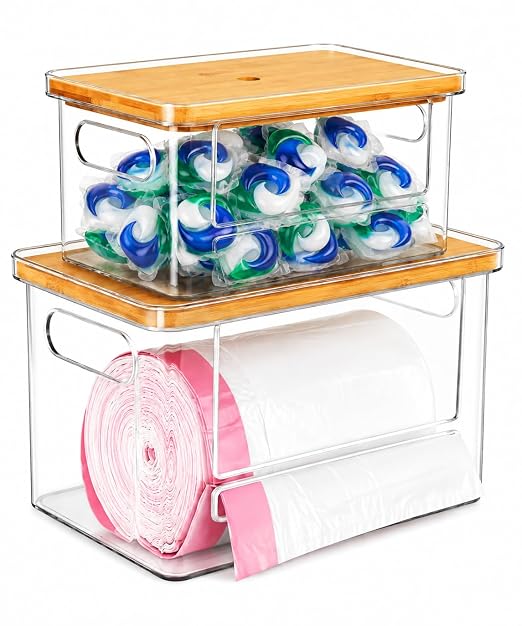 2-in-1 Stackable Trash Bag Dispenser & dishwasher pod holder with Wooden Top – Garbage Bag Holder for 13-33 Gallon Bags – Trash Bag Dispenser Under Sink with Anti-Slip Base for Laundry Detergent Pods