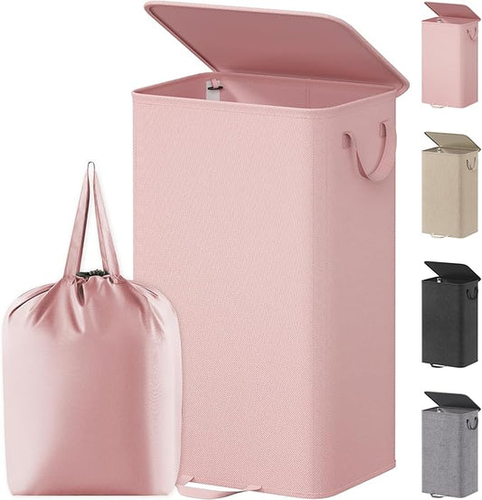 Lifewit Single Laundry Hamper with Lid and Removable Laundry Bags, Large Collapsible 1 Dividers Dirty Clothes Basket with Handles for Bedroom Laundry Room Closet Bathroom College, 100L Pink