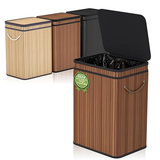 Mihoho 80 Liter/21 Gallon Large Trash Can with Lid, Garbage Bin Wastebasket Made of Bamboo, Outdoor Garbage Can/Waste/Basket Bin for Home, Office, Bathroom, Kitchen 24" HX15.8 WX11.8 D (Brown K)