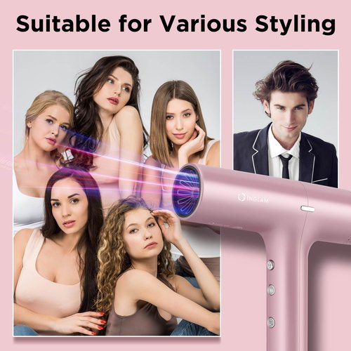 IG INGLAM Hair Dryer with Diffuser for Women, 1300W Ionic Blow Dryer with LCD Display, 3 Temps & 3 Speeds High-Speed Travel Hair Dryer with One Button Cool Air, Slim&Lightwight, Store Bag, Rose Pink