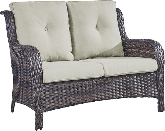 Outdoor Loveseat Small Patio Furniture 2 Seater Sofa Brown Wicker Couch Rattan Settee for Single-Family House
