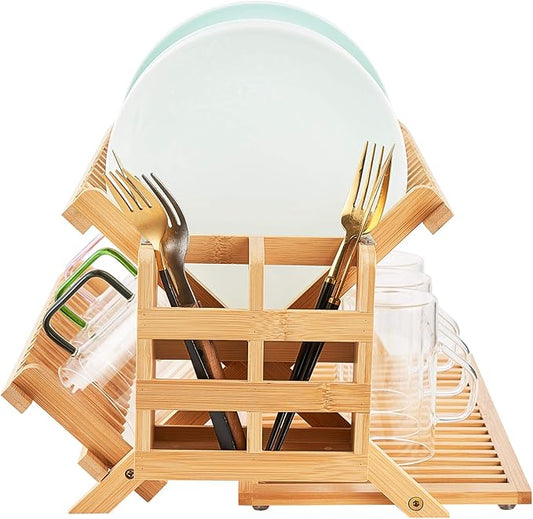 Bamboo Dish Drying Rack, 3 Tier Collapsible Wooden Dish Drainer Rack with Utensil Holder, Plate Rack for Kitchen Counter, Large Folding Drying Holder 51 pcs Grid