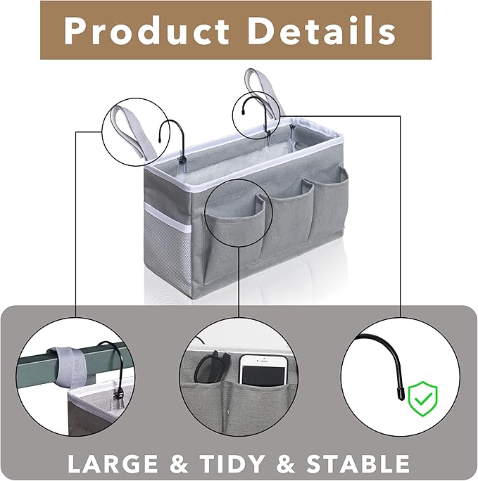 Kanrichu Bedside Caddy Hanging Storage Bag, Organizer Baskets with Pockets for Bunk Bed Accessories, Loft & Dorm Rooms Chair Bed Rails (White-2pcs)