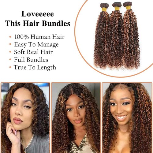 Giginger Jerry Curly Human Hair Bundles 24 26 28 Inch Brazilian Chocolate Brown Highlight P4/30 Jerry Curly Bundles Human Hair 100% Unprocessed Raw Quick Weave Hair for Black Women
