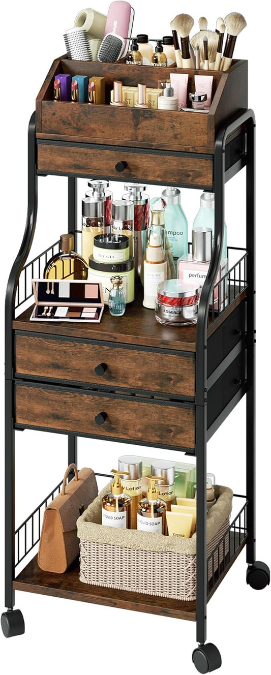 SWTYMIKI Rolling Makeup Organizer Cart - Floor Skincare Storage with Non-woven Drawers, Vanity Organizer Cosmetic Display Cases with Wheels, Cabinet for Skin Care Perfume Nail Polish Brush Hair Tool