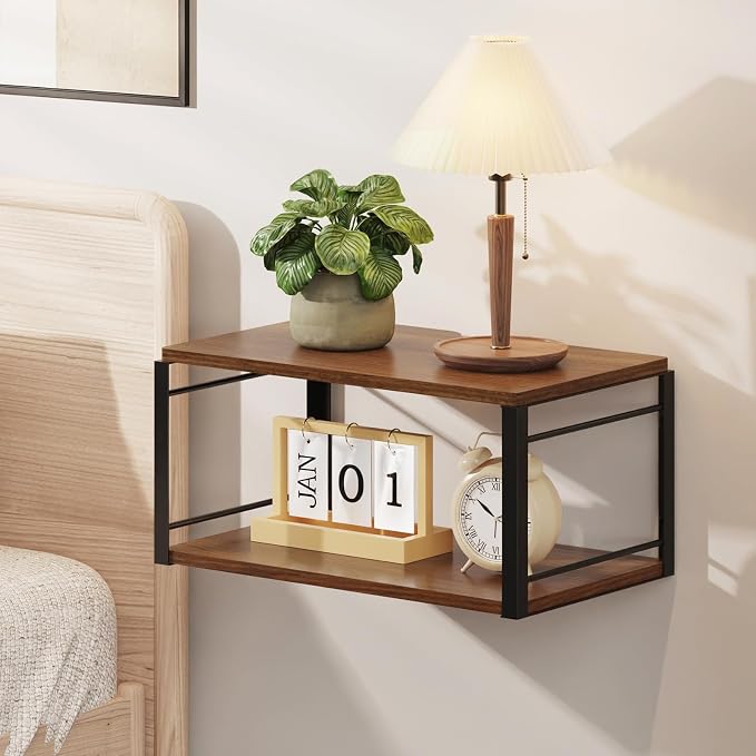 Floating Nightstand, Wood Bedside Shelf Wall Mounted Nightstand, Floating Bedside Table Wall Shelf for Bedroom, Living Room, Bathroom, Kitchen, Office (Vintage Brown)