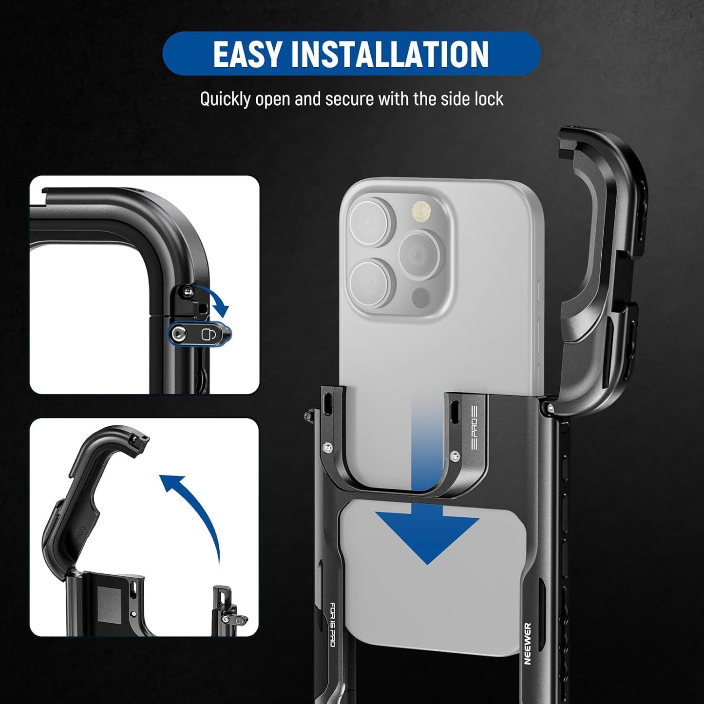 NEEWER 16 Pro Cage with Two Quick Release Side Handles, Phone Video Rig Kit with 67mm Filter Adapter, 17mm Lens Mount, T Mount Lens Adapter Compatible with iPhone 16 Pro (PA073+PA045E+PA045B)