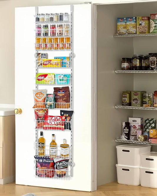 VEVOR Over the Door Pantry Organizer, 9-Tier Pantry Organization and Storage, Heavy-Duty Steel Hanging Spice Rack, Adjustable Wall Seasoning Shelves, for Home Kitchen Laundry Room Bathroom, White