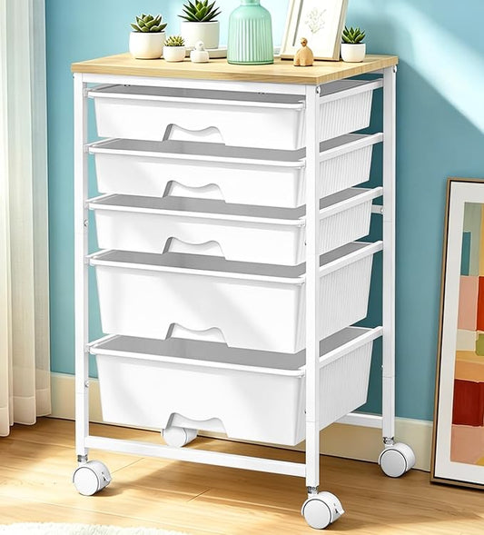 SUNALLY Rolling Carts With 5 Drawers, Storage Drawer Carts with Wooden Tabletop and 2 Lockable Wheels, Rolling Utility Cart for Craft Art Supply Storage & Home Office Organization, White