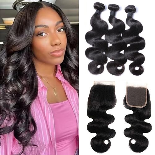 Brazilian Body Wave Virgin with Lace Closure(16 18 20 with14 Closure) Human Hair Unprocessed Hair with Closure 4X4 Lace Natural Black Hair