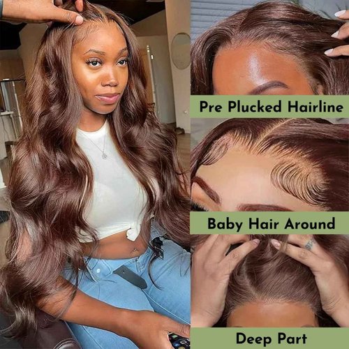 HC 22inch Chocolate Brown Lace Front Wig 13x6 HD Body Wave Human Hair Brown Human Hair Wig 200% Density Pre Plucked Glueless Brown Wig human hair for Women（22inch）