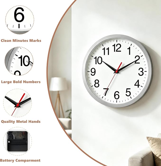 Rohioue Wall Clock Modern 8 Inch Battery Operated Silent Non Ticking Small Analog Clock Decorative for Living Room Office Home Bedroom Kitchen Bathroom(Silver)